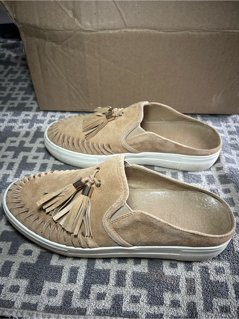 J/SLIDES Tan Suede Tassel Slip-On Mules